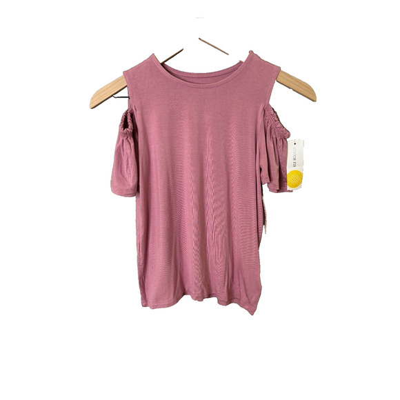 Bailey Lane Girls Pink Cold Shoulder Top Size M 8-10 Ruffle Stretch Tunic Blouse - Picture 1 of 9